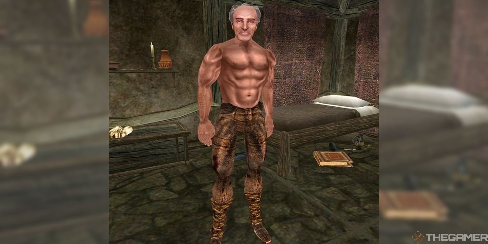 Caius Cosades standing with no shirt on