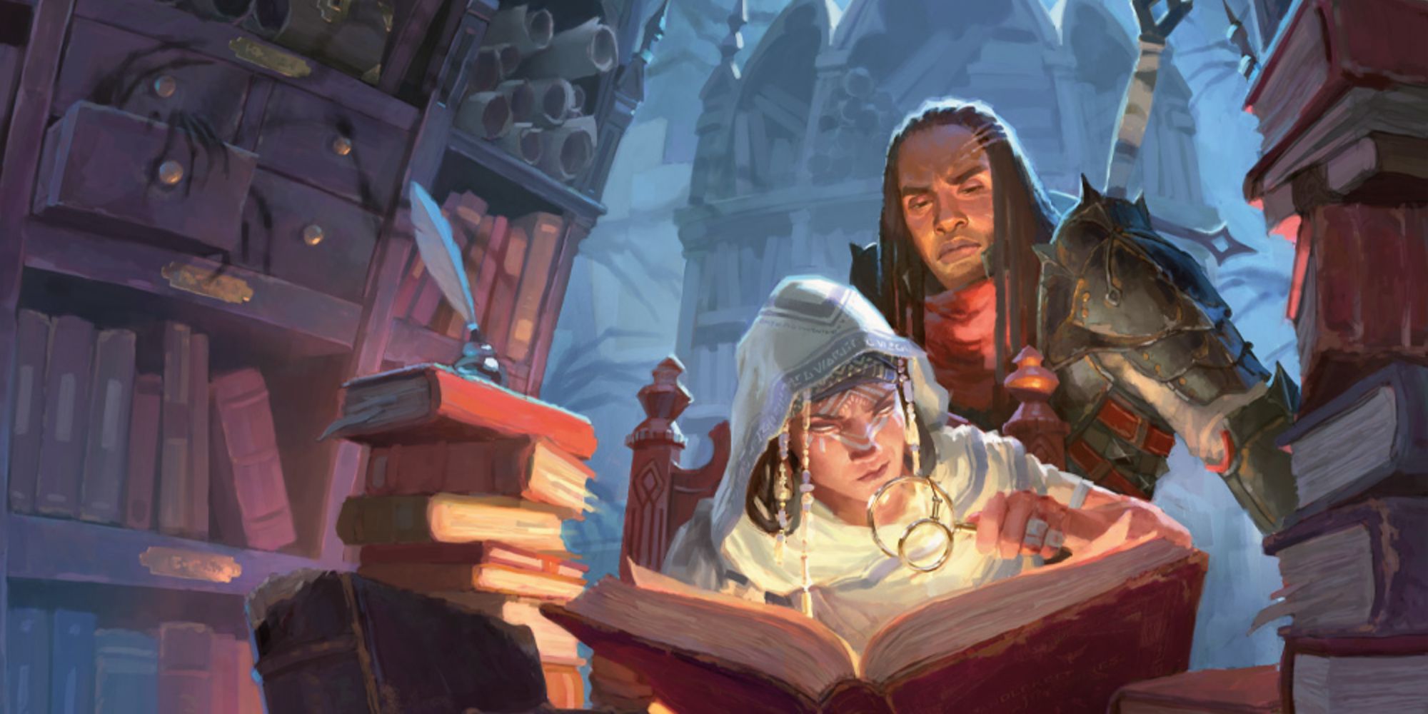Two figures look over a glowing book in a library from Dungeons and Dragons