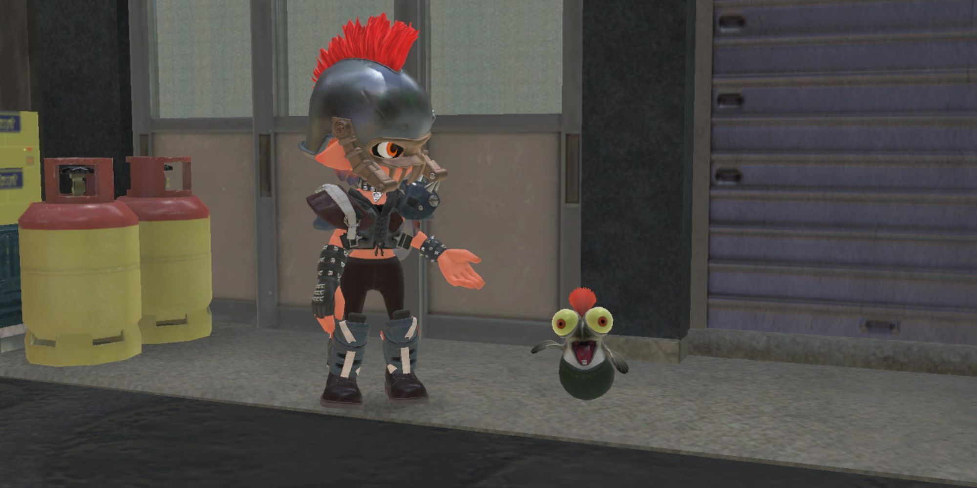 An Inkling wearing the Chaos Armor stands beside Smallfry