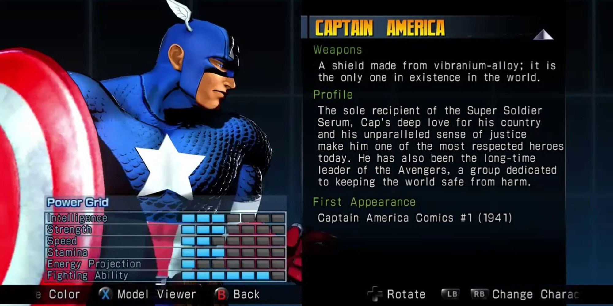 Ultimate Marvel vs Capcom Captain America biography and stats