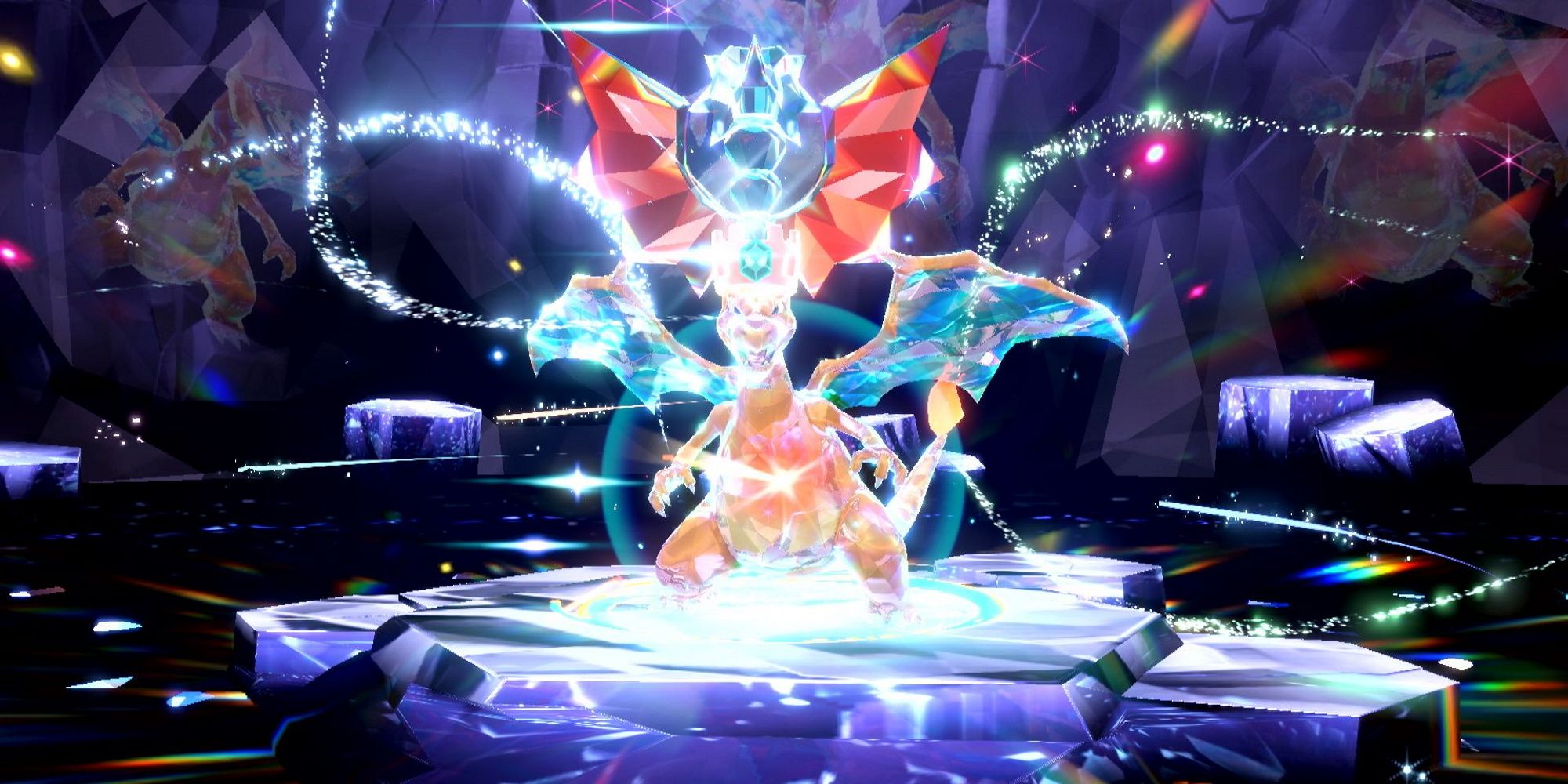 Tera Dragon-type Charizard roars with might in its cavern.