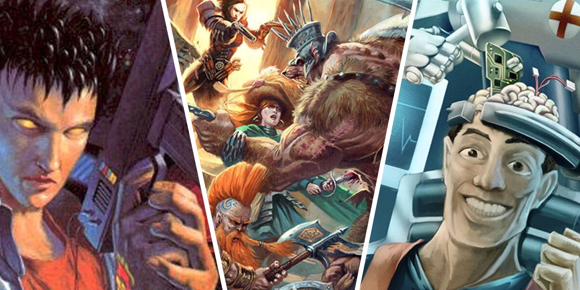 Split image of Cyperpunk, Warhammer, and Paranoia Tabletop art