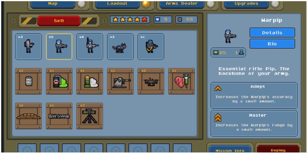 The player looks at their different units, items, and defenses to build a loadout in Warpips.