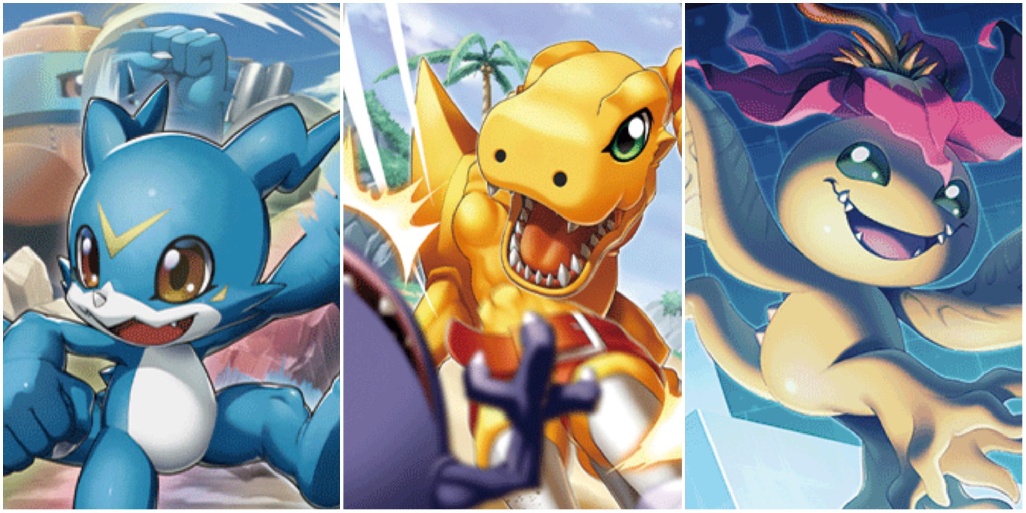 veemon, agumon, palmon in collage from digimon card game