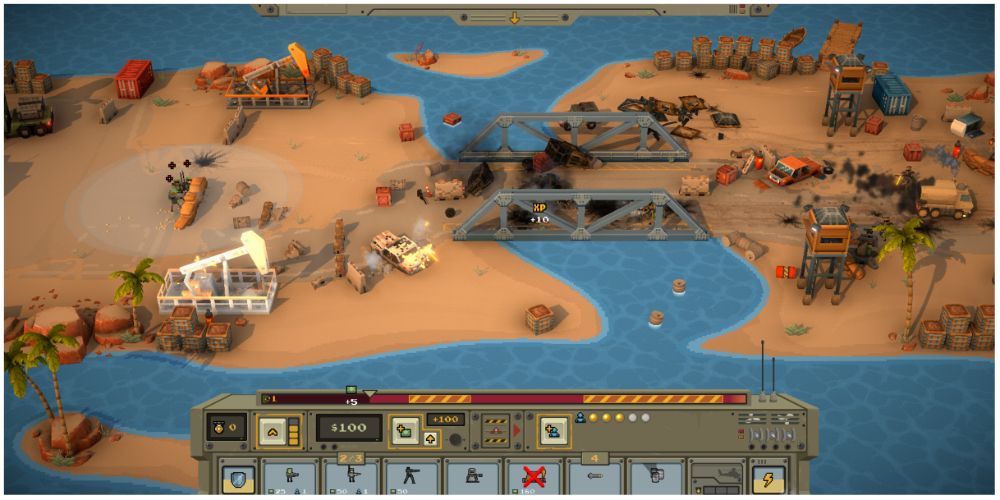 The player puts down different units along with an oil collector to protect their base in Warpips.