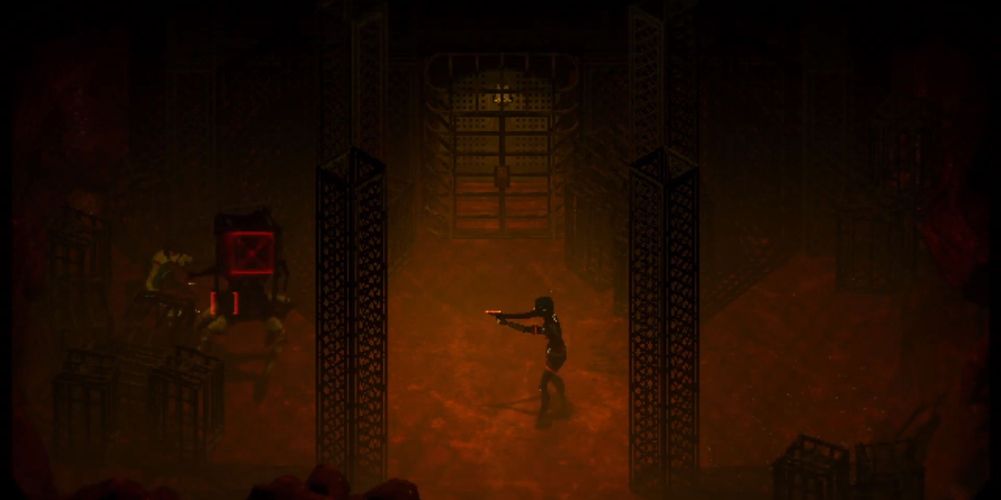 Elster stands in an orange room with two towering pillars at the bottom and a device to the left. The right side is mostly empty.