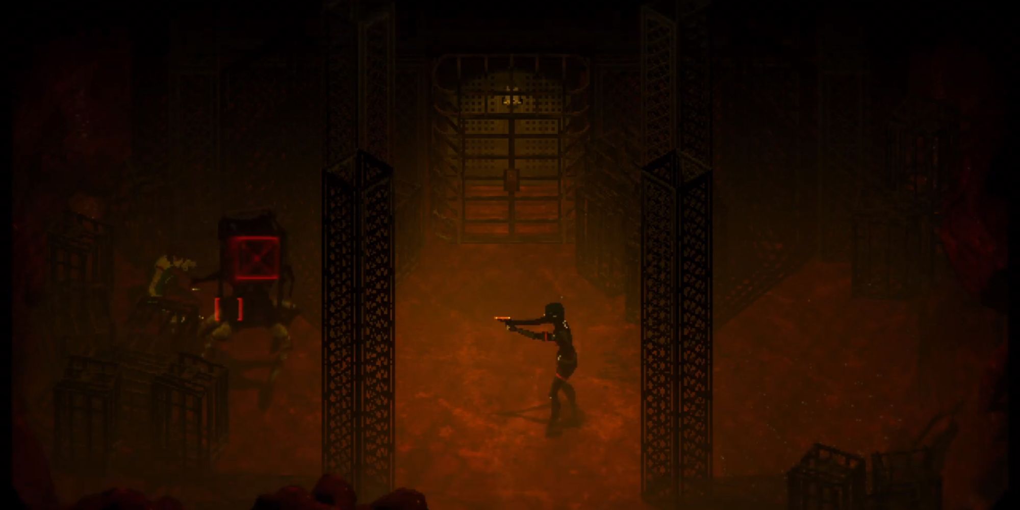 Elster is standing in an orange room, with two towering pillars at the bottom and devices to the left. The right side is mostly empty.