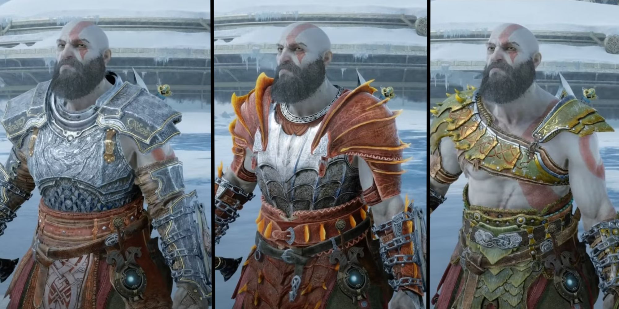 God of War Ragnarok Best Armor Sets Feature Image: Steinbjorn, Dragon Scaled and Hunter