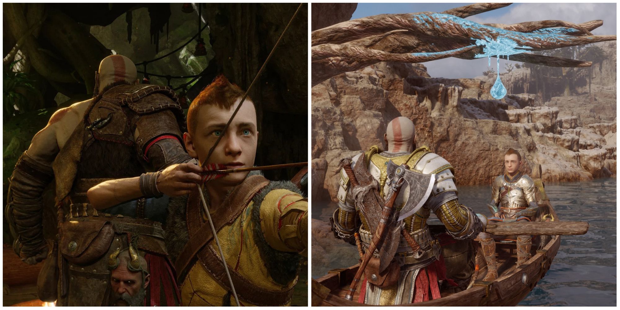 Split image showing Atreus aiming his bow and Kratos near a Dew.
