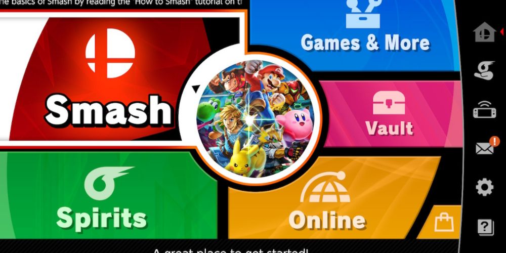 The mode select screen to play Smash, Spirits, Games & More, Vault, and Online in Super Smash Bros. Ultimate.