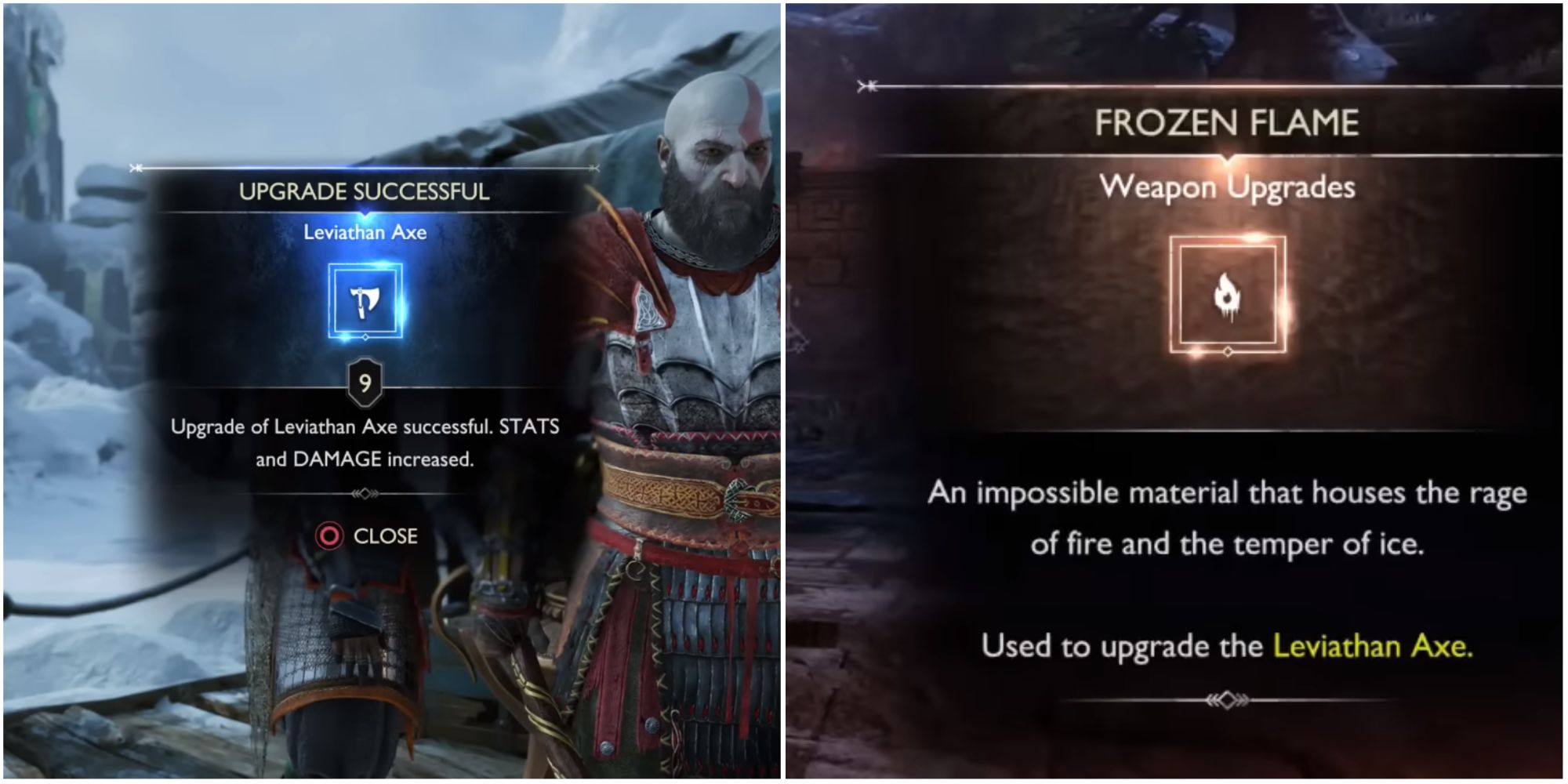 Split image showing Kratos upgrading his Leviathan Axe. 
