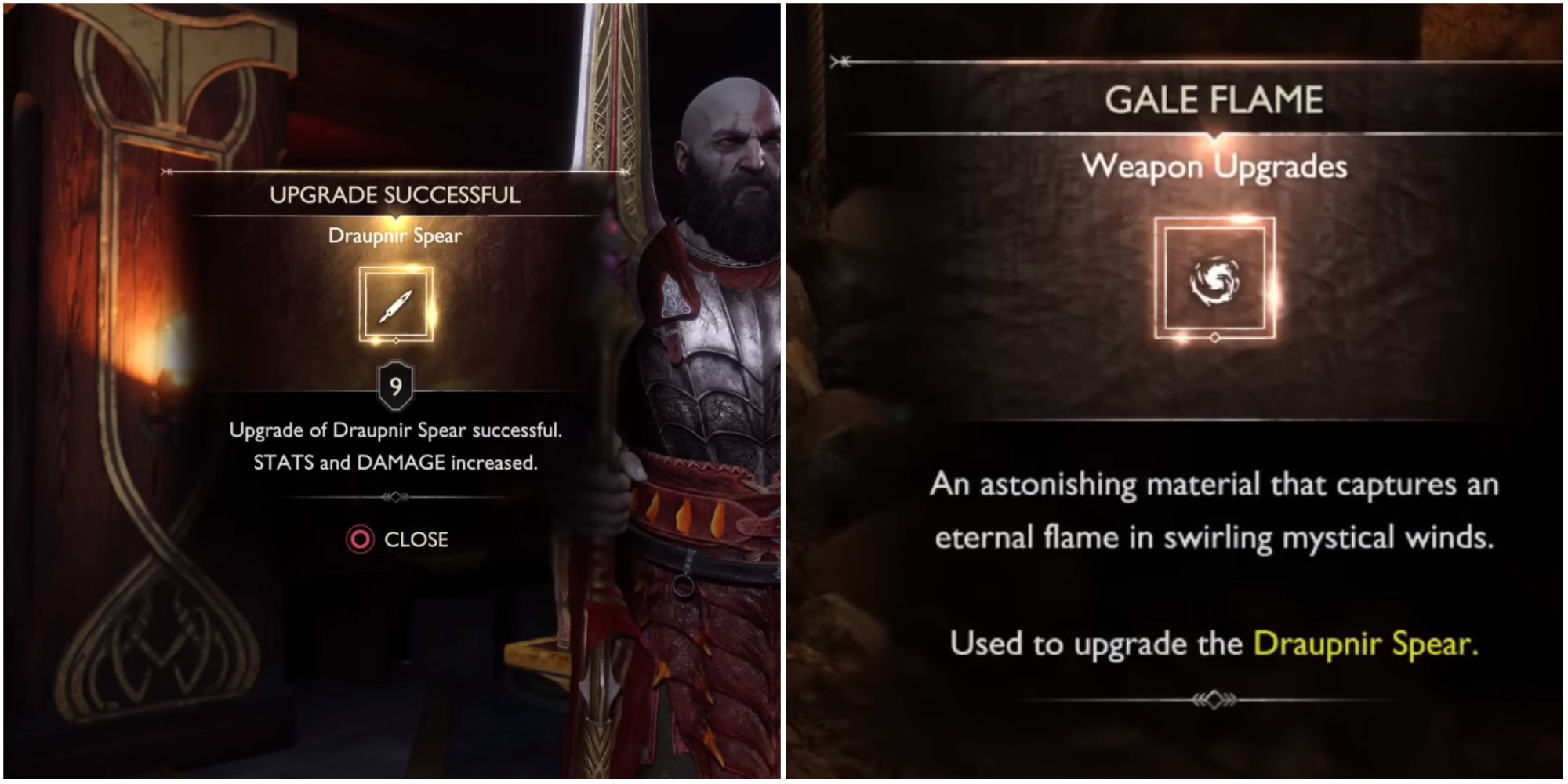 Split image showing Kratos upgrading the Draupnir Spear.