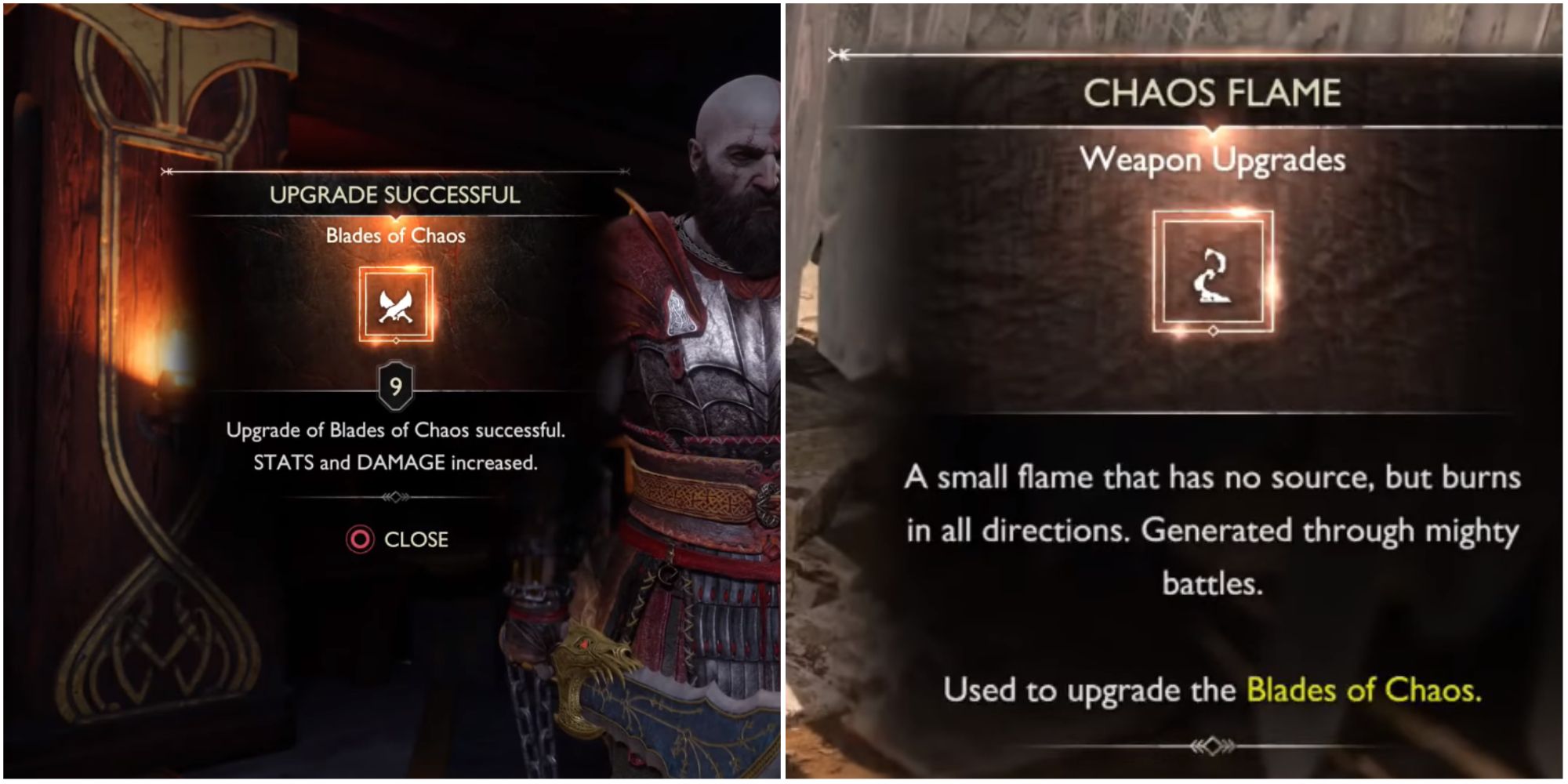 Split image showing Kratos upgrading the Blades of Chaos.