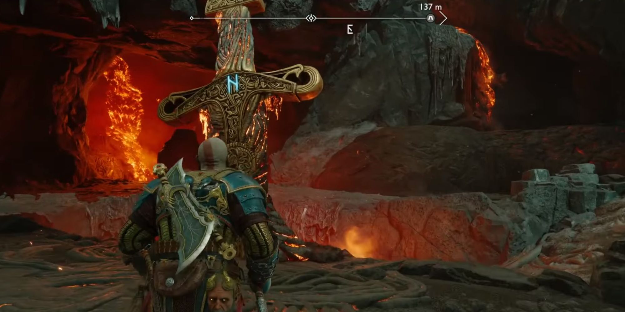 Kratos approaching a large Sword in Muspelheim.