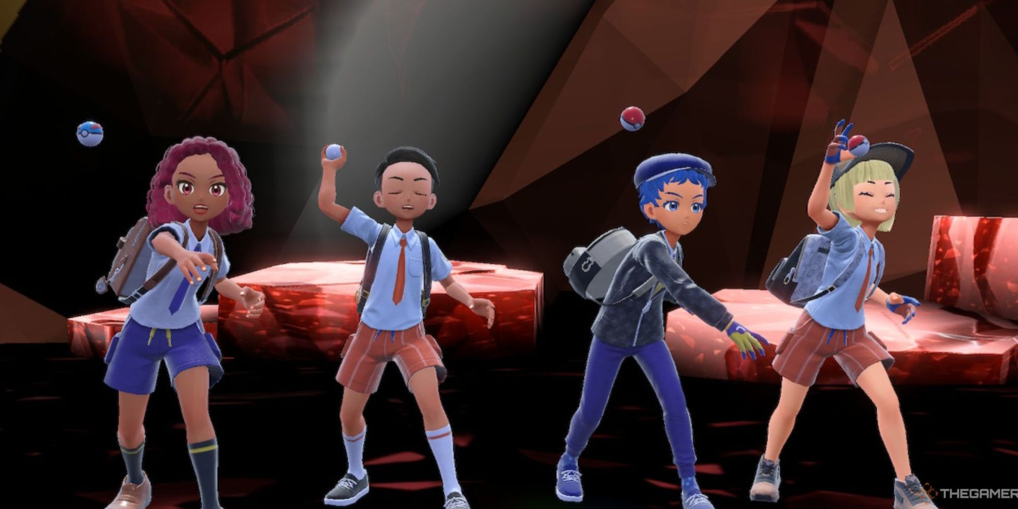 Four trainers throw their Pokemon out to battle in Pokemon Scarlet &amp; Violet.