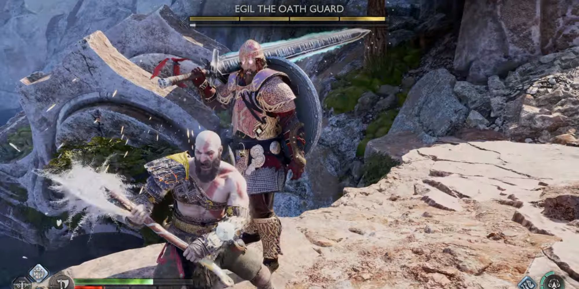 Kratos fighting Egil the Oath Guard.