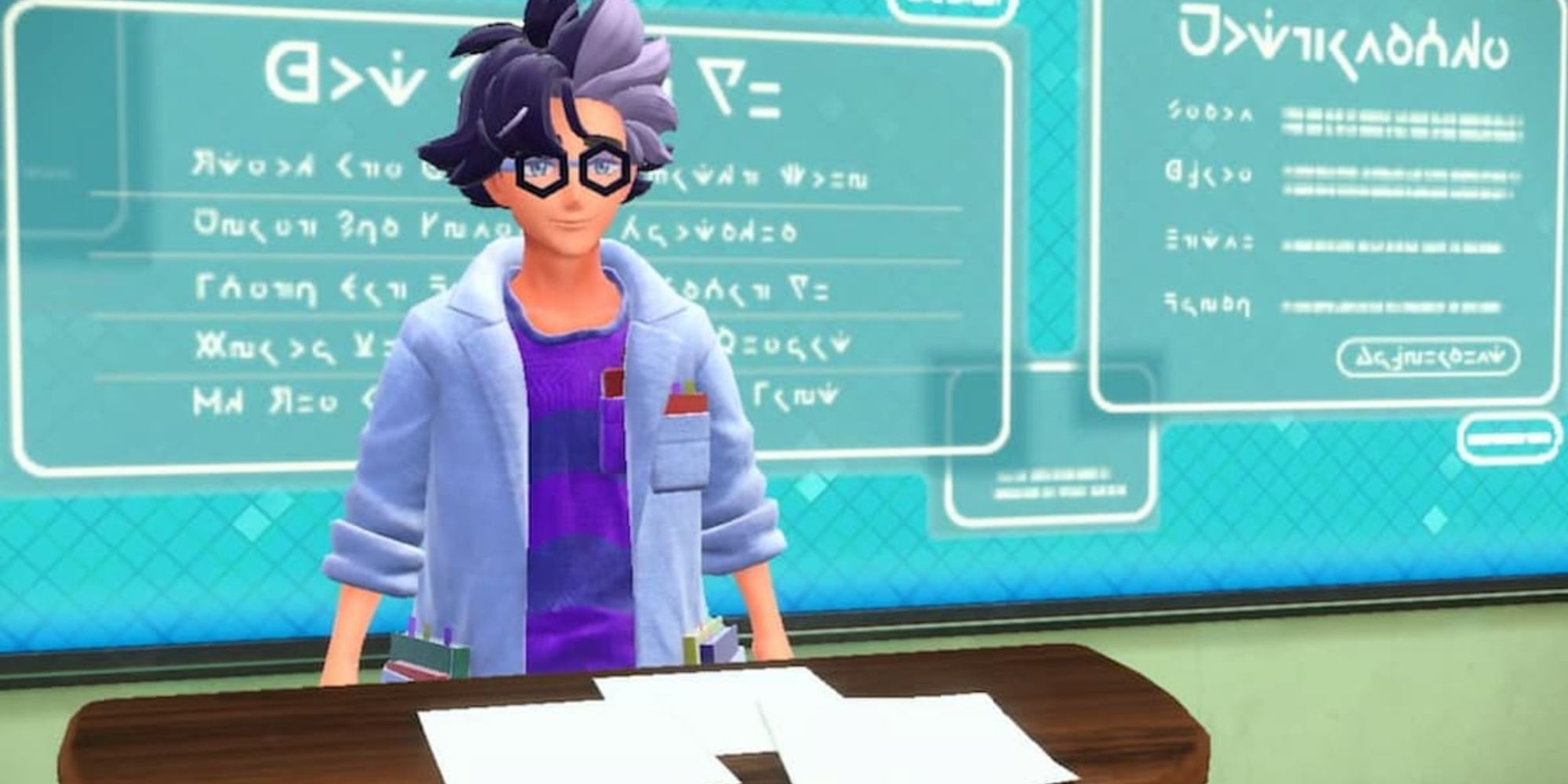 Pokemon Scarlet and Violet&rsquo;s Jacq in a classroom.