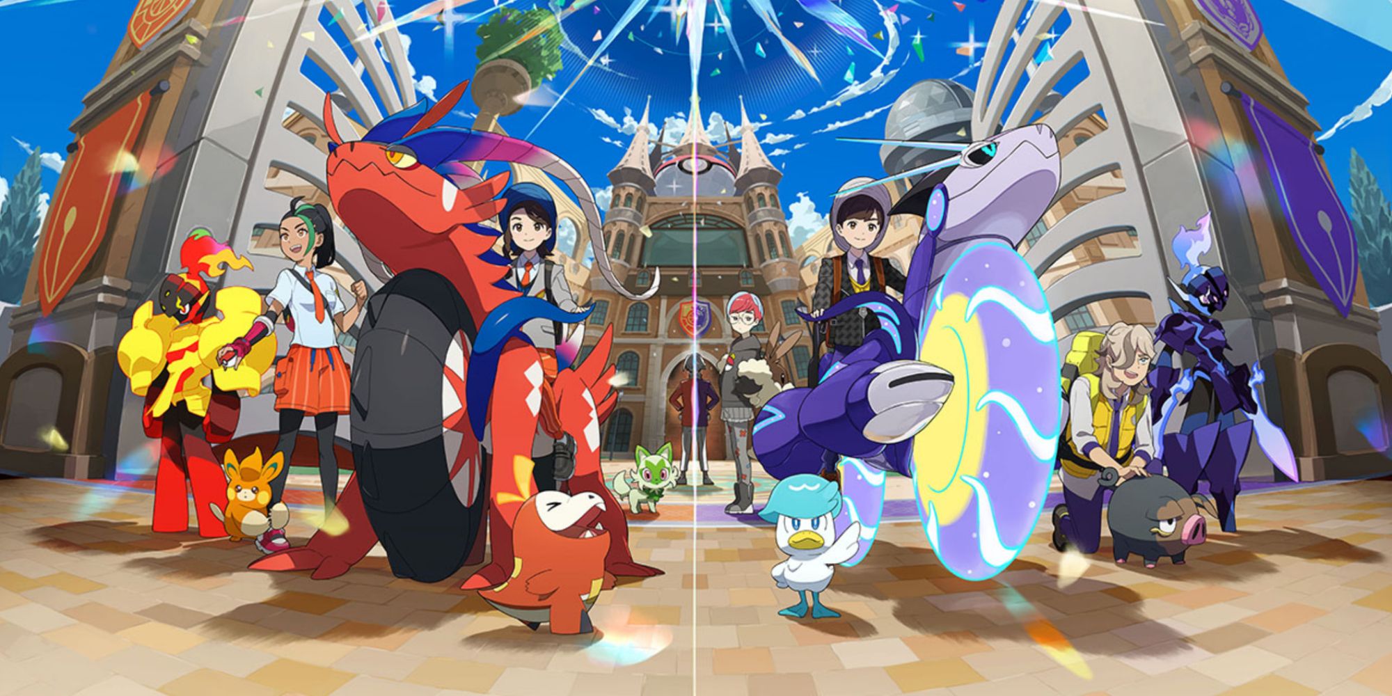 Pokemon Scarlet and Violet character cast with miraidon and koraidon