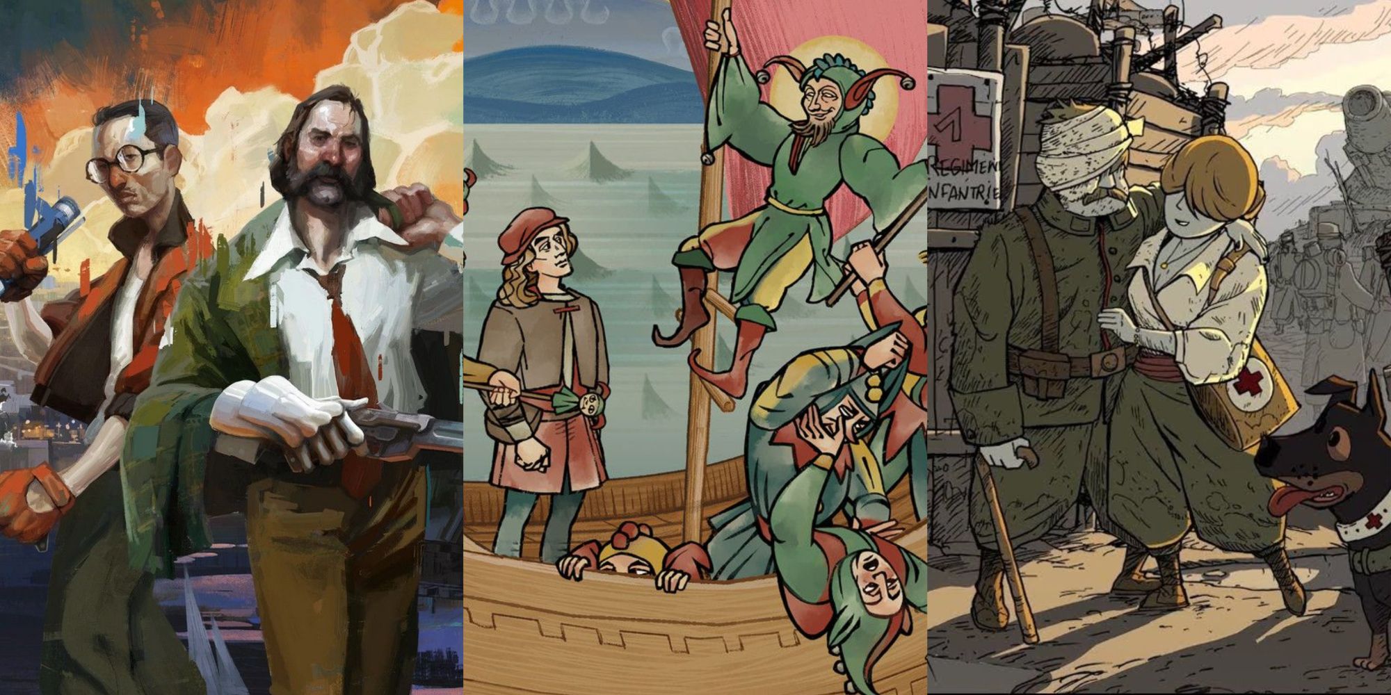 Collage of Pentiment, Disco Elysium and Valiant Hearts The Great War