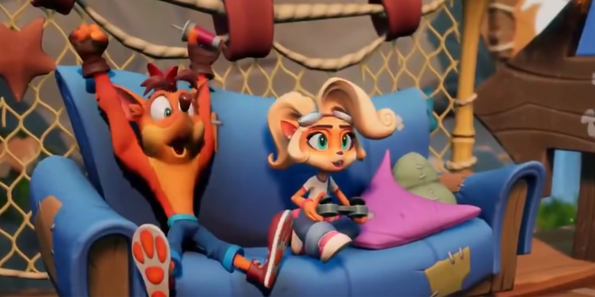 Crash and Coco Bandicoot playing games in Crash Bandicoot 4: It's About Time.