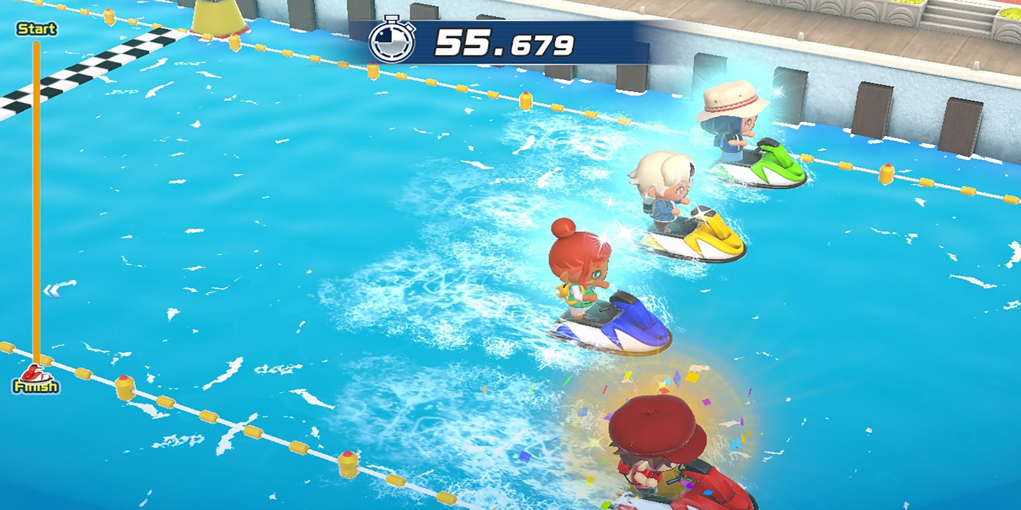 Chibi characters ride jet skis pass a finish line after a Shark Escape race in Ace Angler: Fishing Spirits.