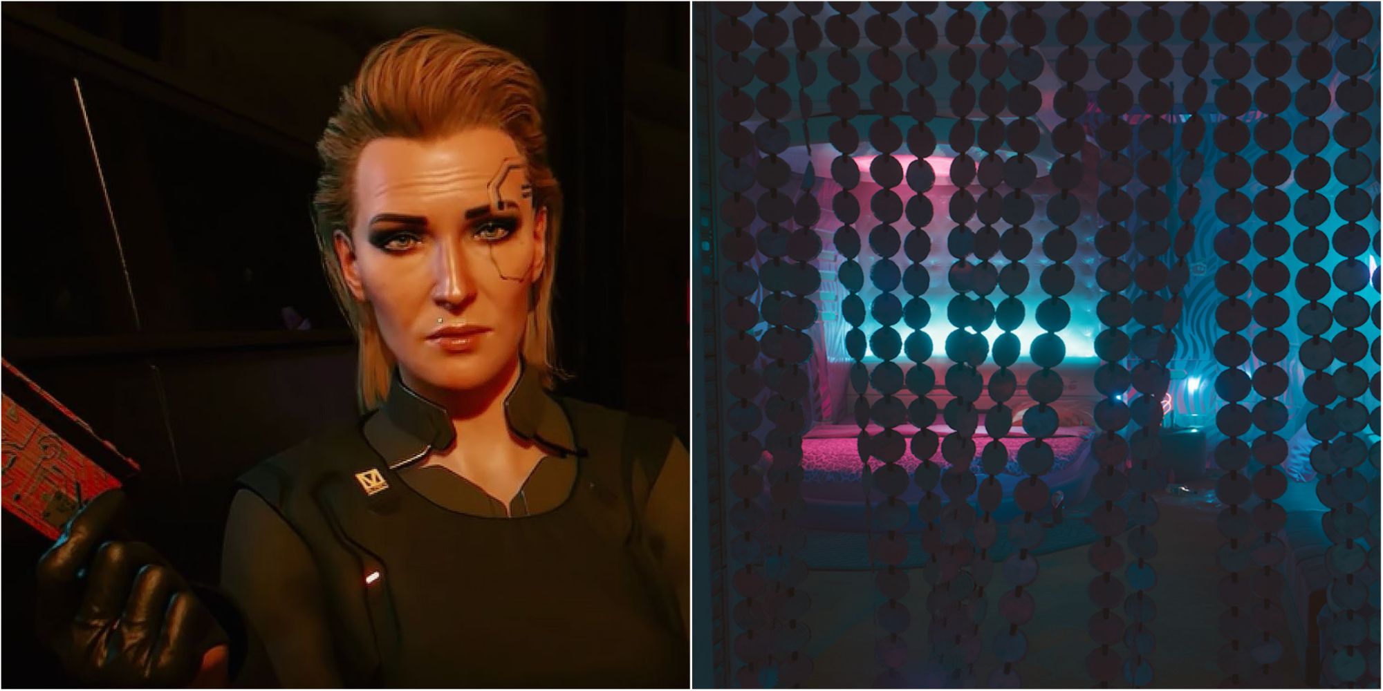 Collage image of Meredith Stout handing you a chip and the No-Tell Motel in Cyberpunk 2077