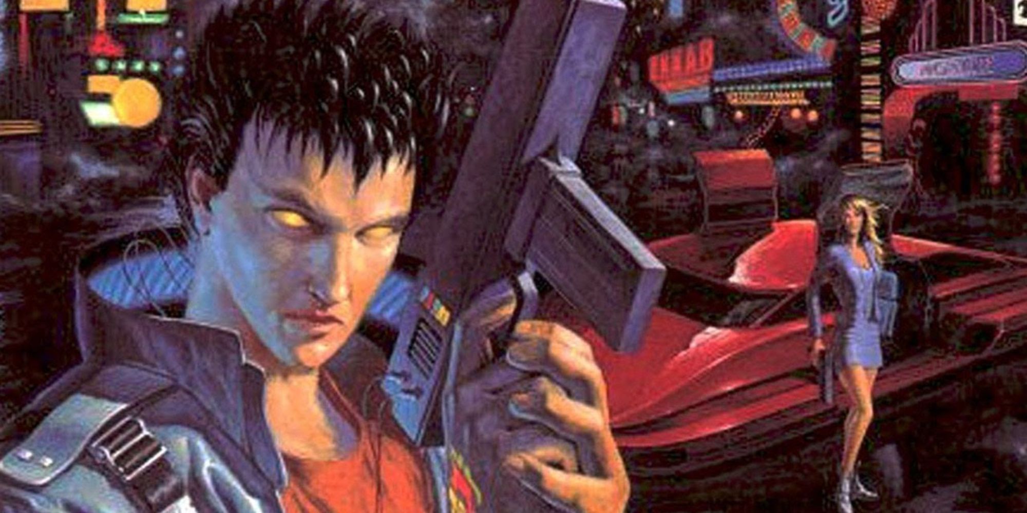 Cyberpunk Art Altered Human Holding Gun In Futuristic City