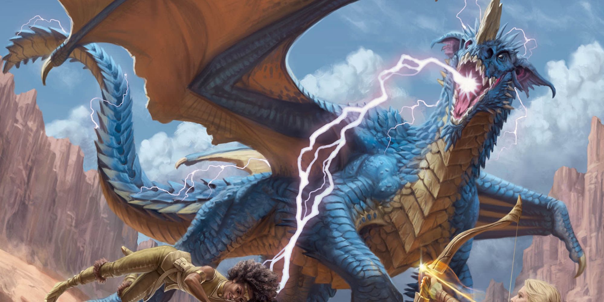 A blue dragon attacking a human in a plateau