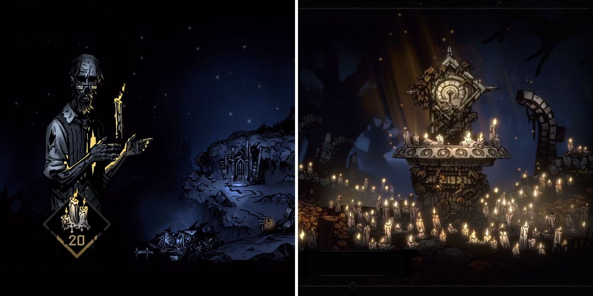 Split image of a man with a candle and an altar.
