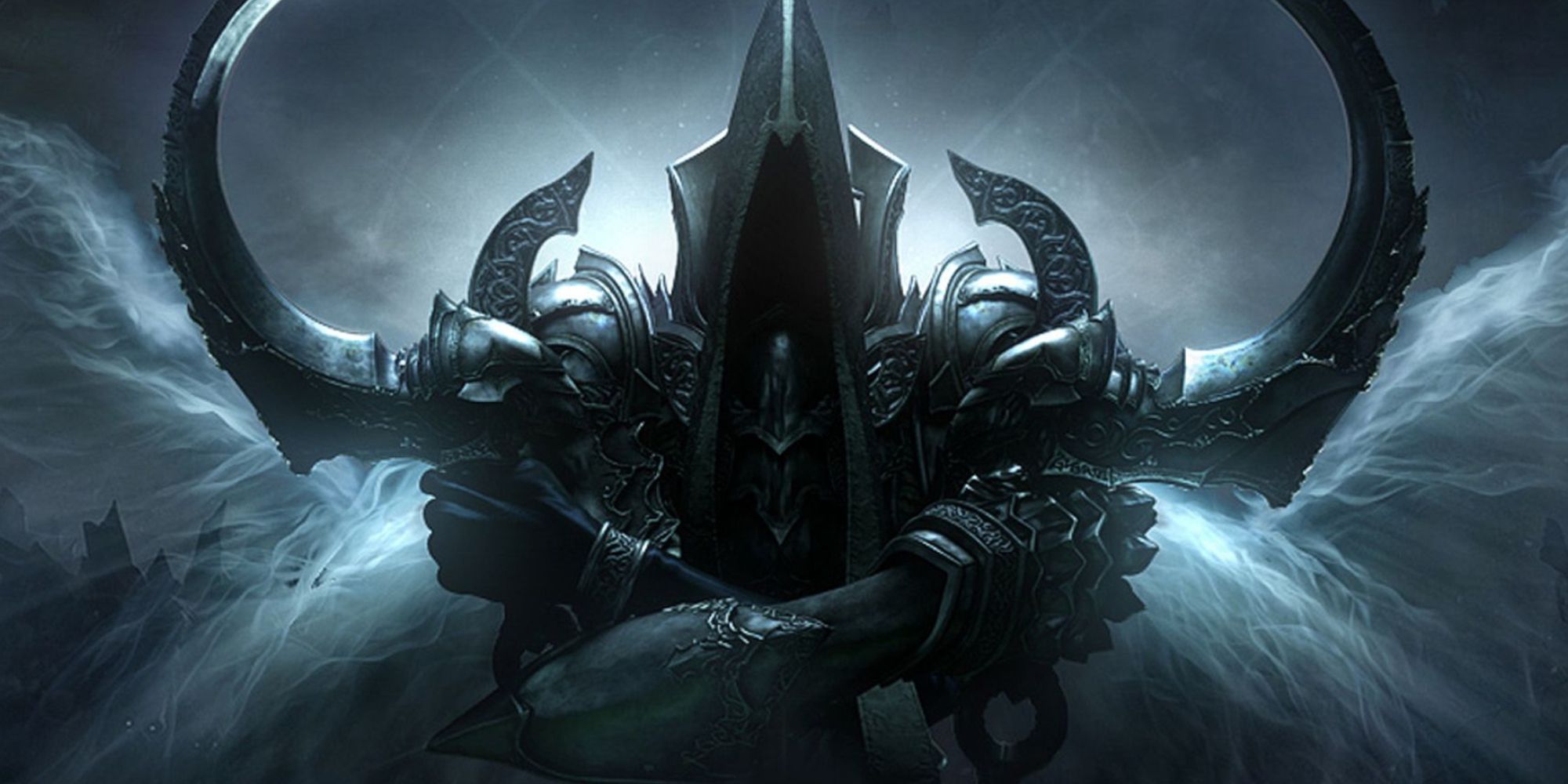 Diablo 3 reaper like character holding hand scythes