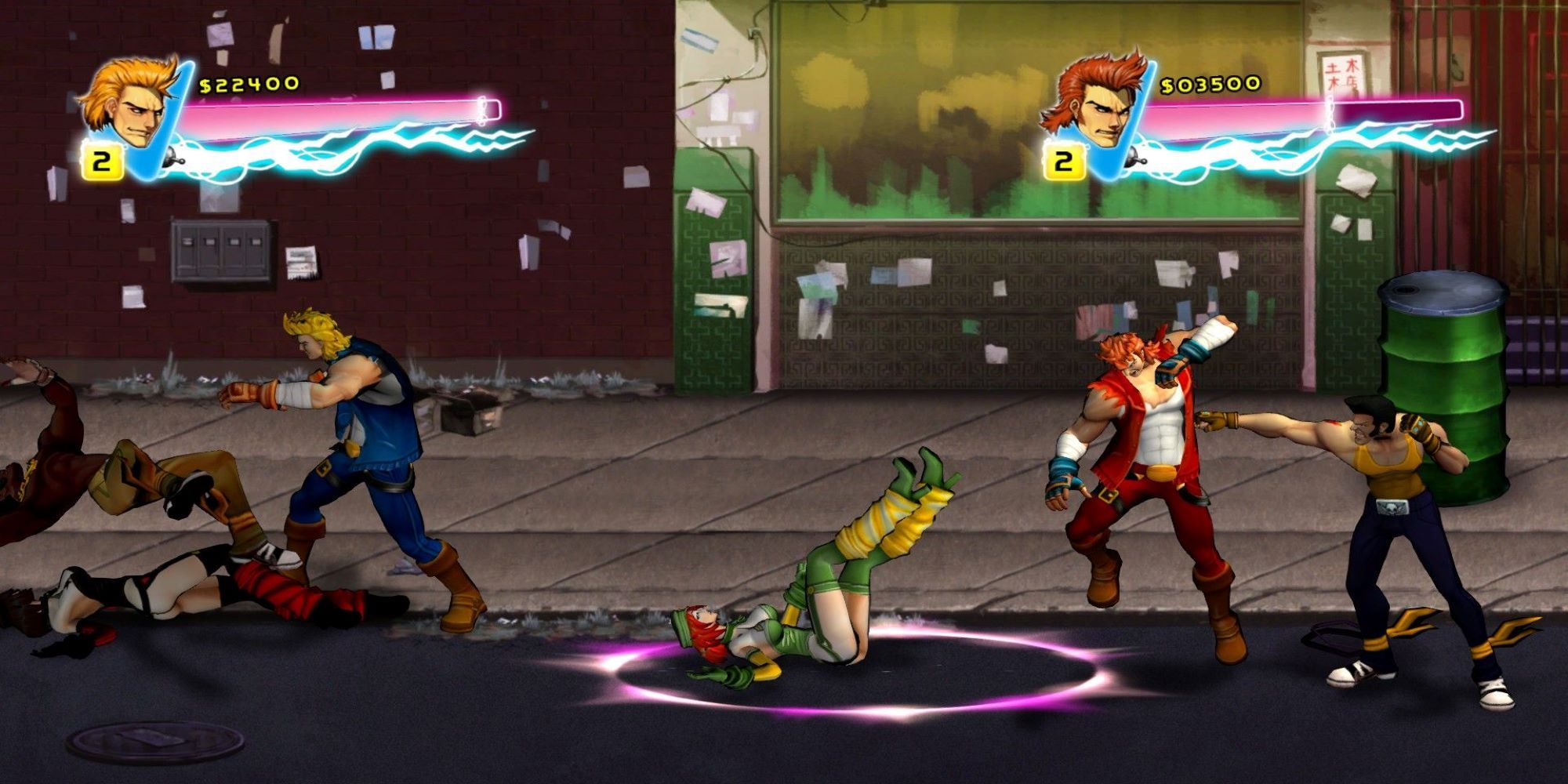 Billy And James beat up bad guys on the street in Double Dragon NEON.