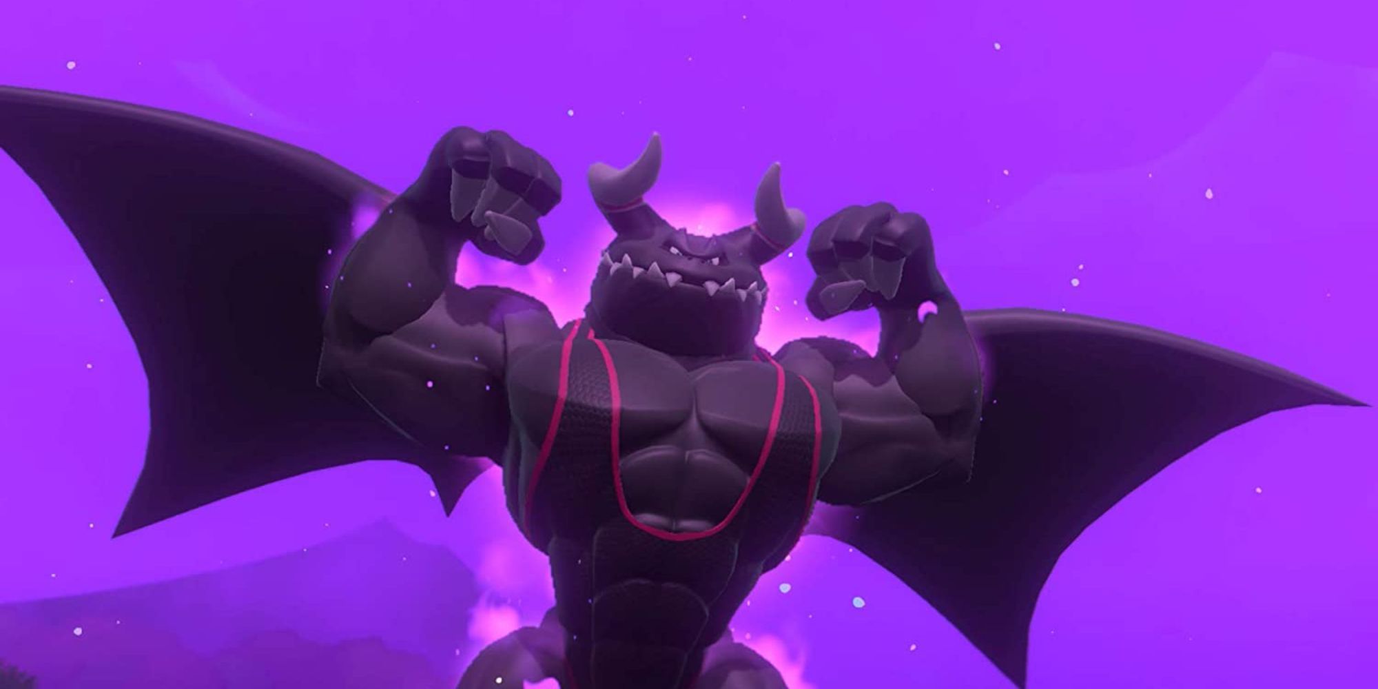 A purple aura surrounds Dragaux as he flexes at night