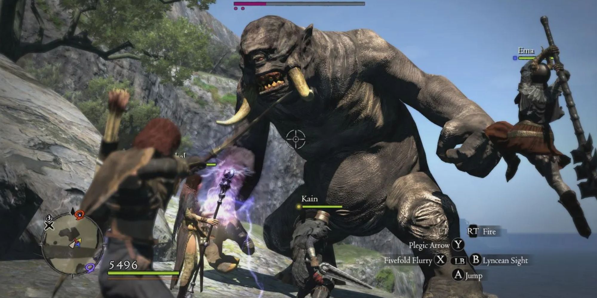 Player character and three pawns fighting together against a giant cyclops monster in Dragon's Dogma: Dark Arisen