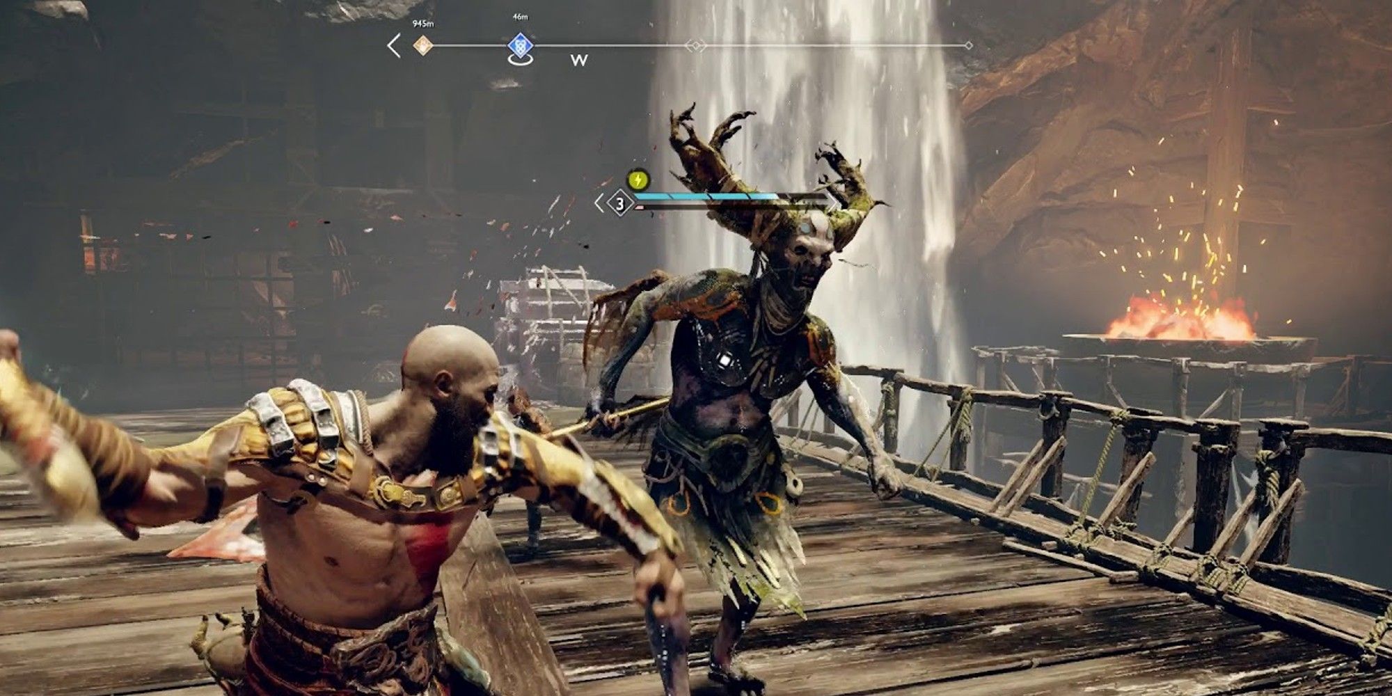 God of War Ragnarok Dark Elf Lord, rushing as Kratos is about to hit