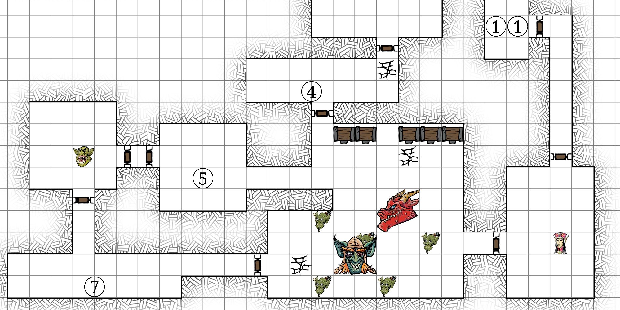 Mostly black and white dungeon map with colored enemy markers