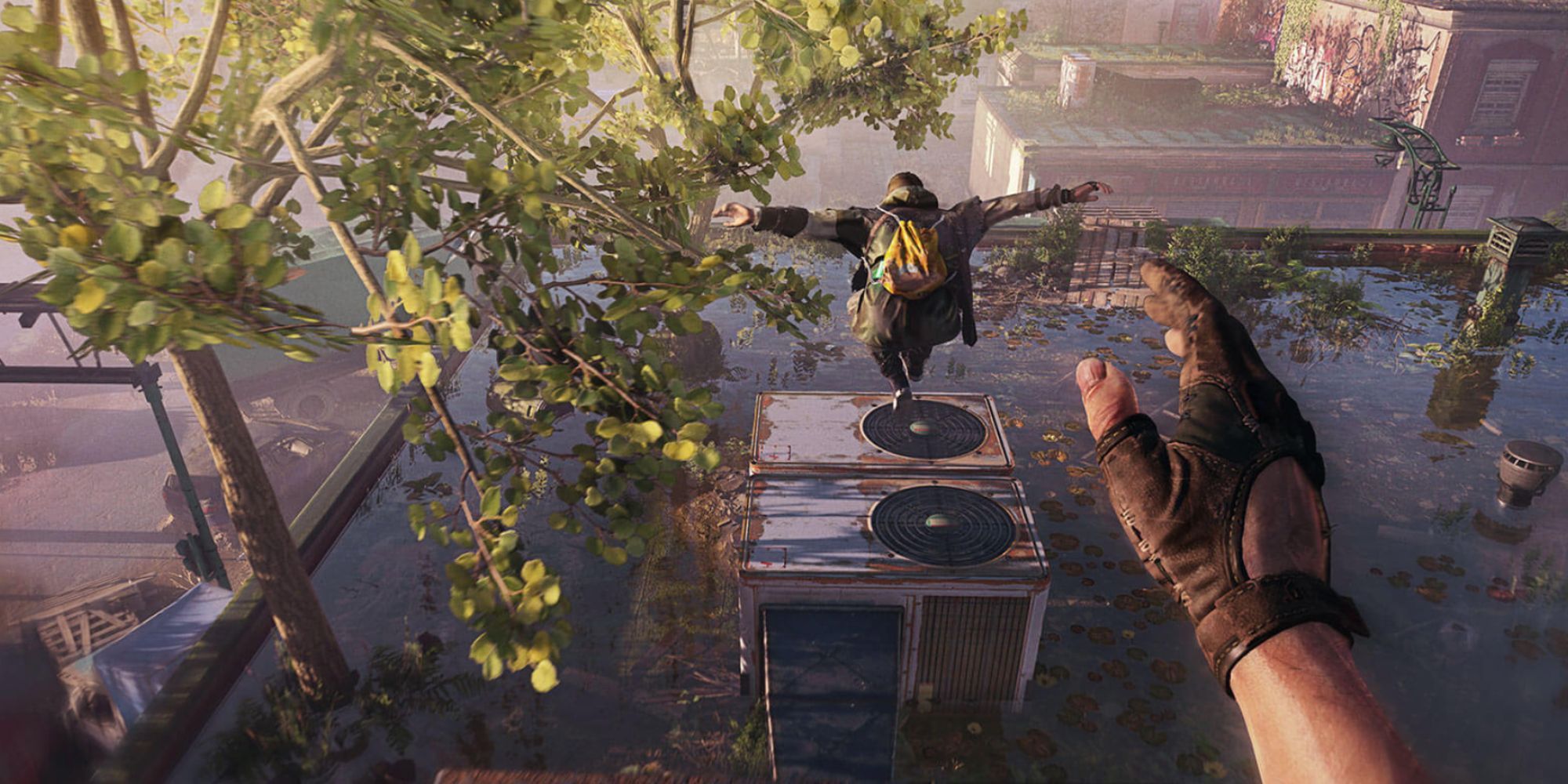 Man jumping down from a building in Dying Light 2.