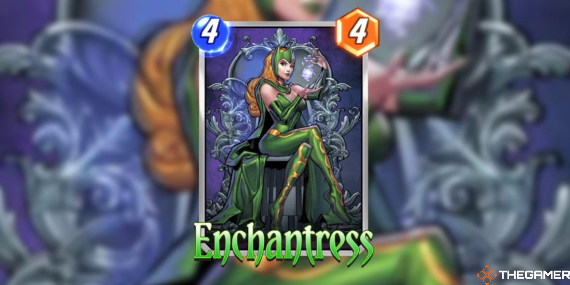 Marvel Snap - Enchantress on a blurred background