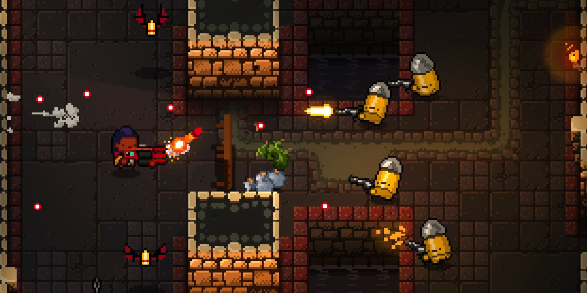 The hunter fights behind an overturned table and battles against bullet-kin enemies in Enter the Gungeon