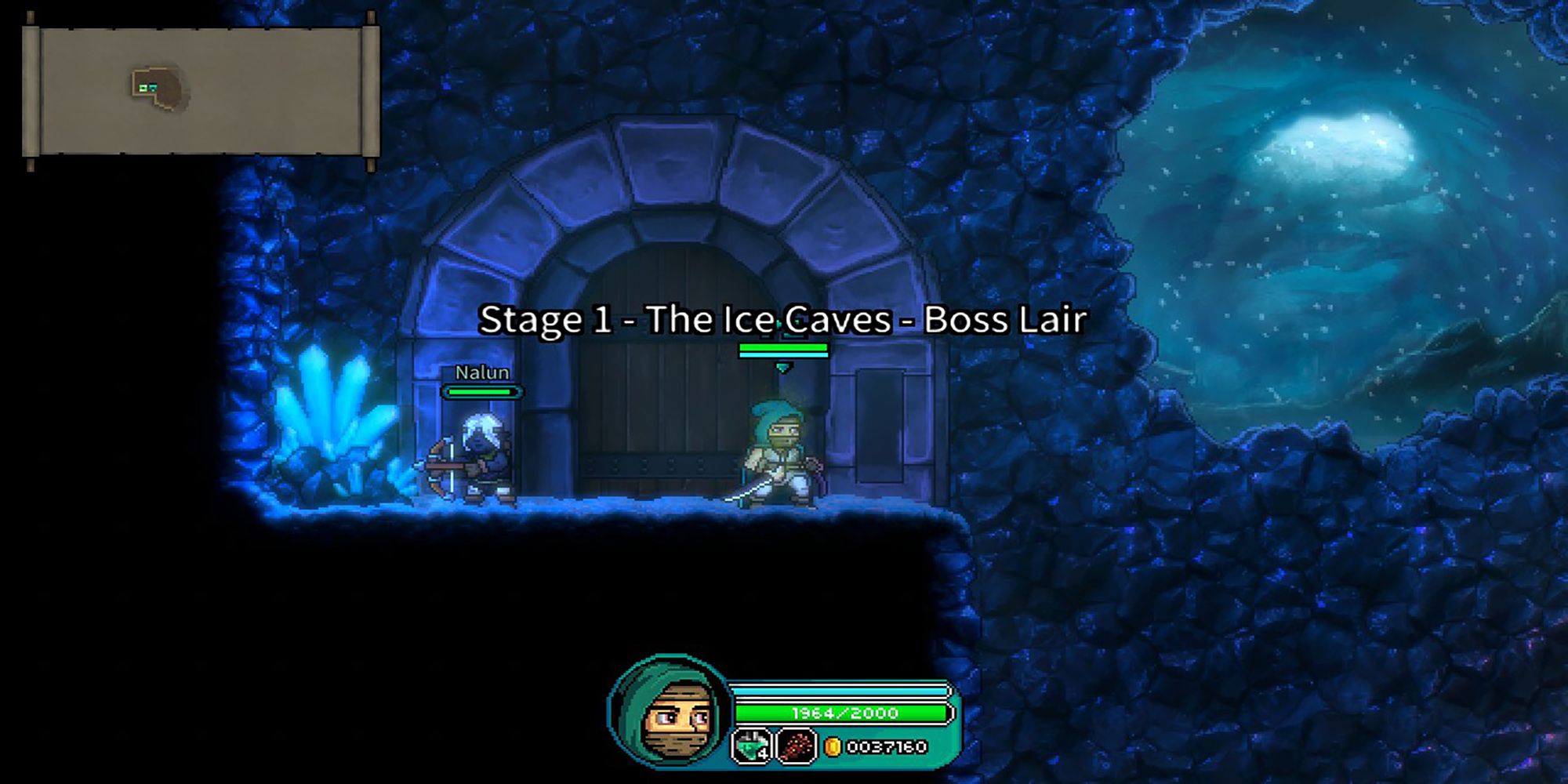 The Rogue and Nalun enter the Ice Caves Boss Lair during a run of Bravery And Greed.