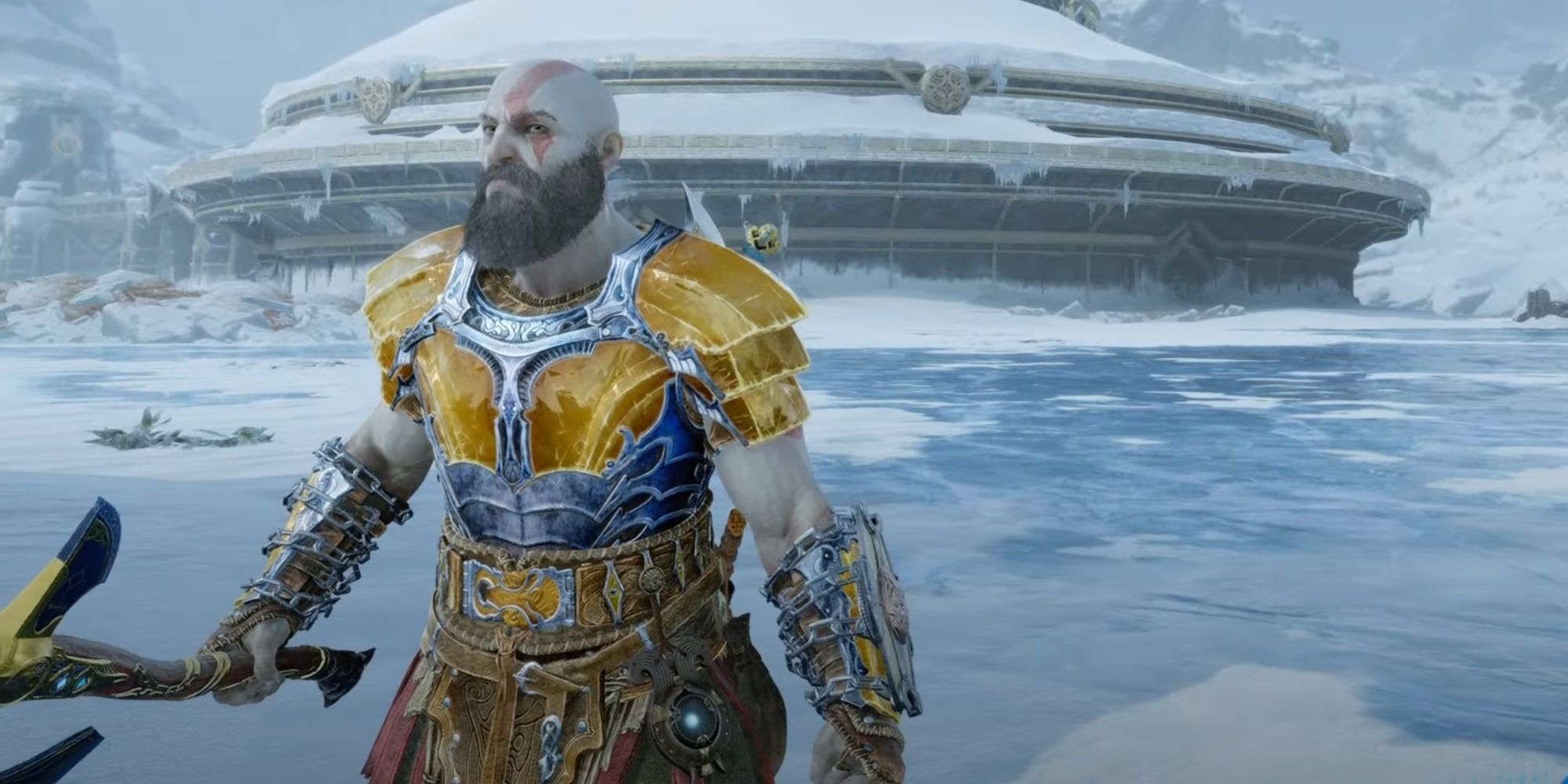 God of War Ragnarok Fallen Stars Armor Set, in front of Tyr's frozen temple