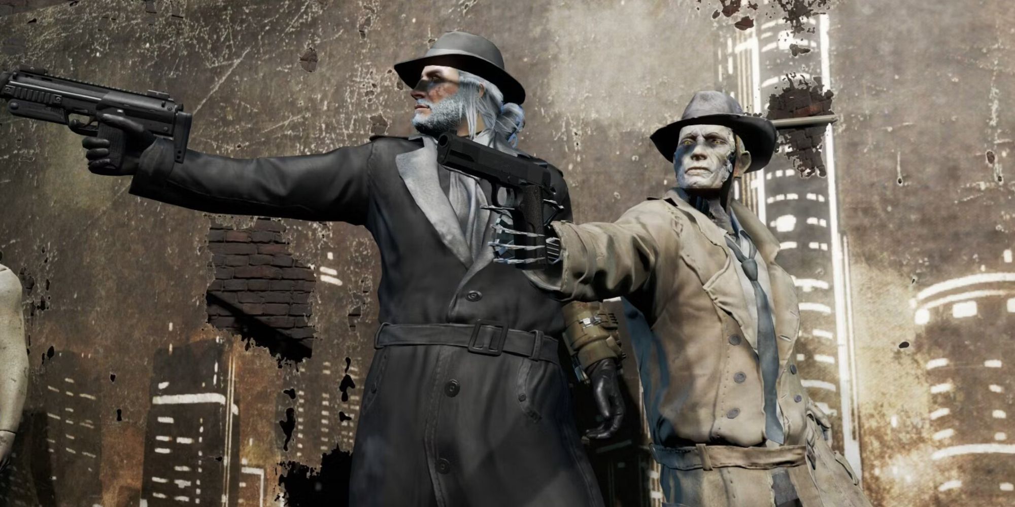 Player character wearing the Silver Shroud uniform standing next to companion Nick Valentine in Fallout 4