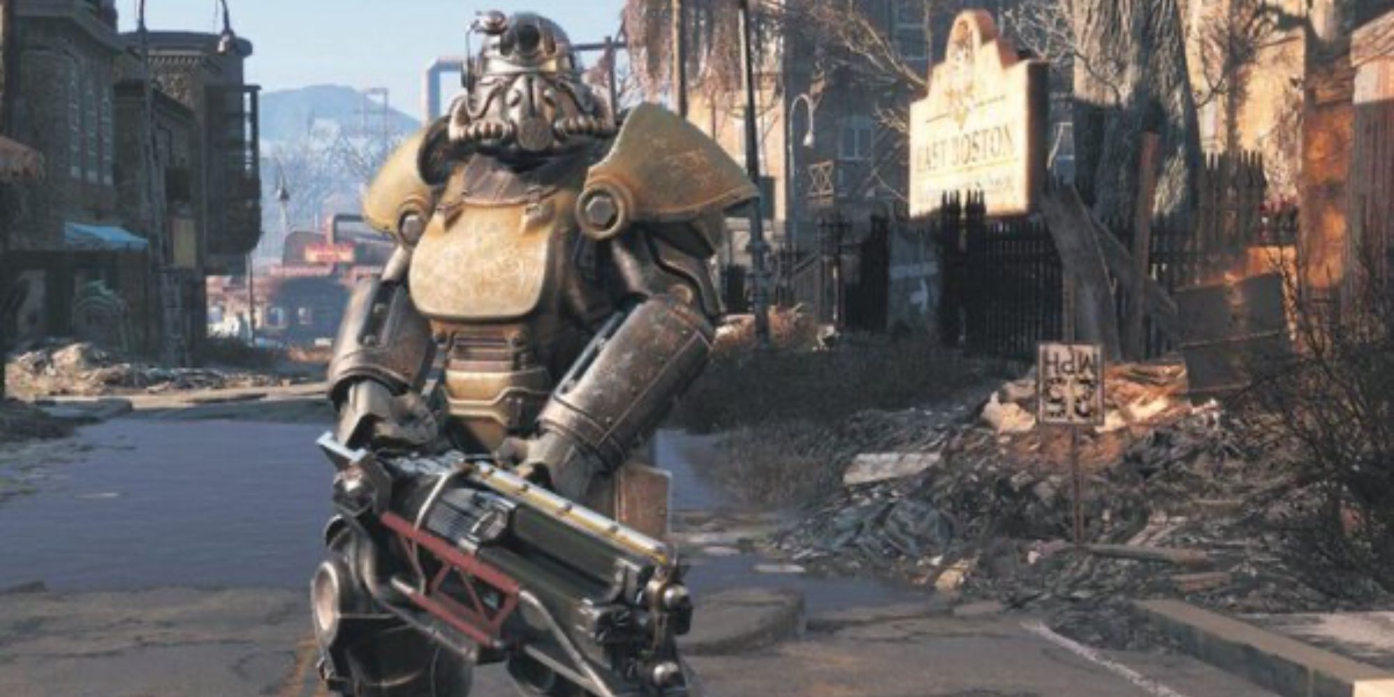 Fallout 76 Someone in power armor holding a Laser Gatling gun