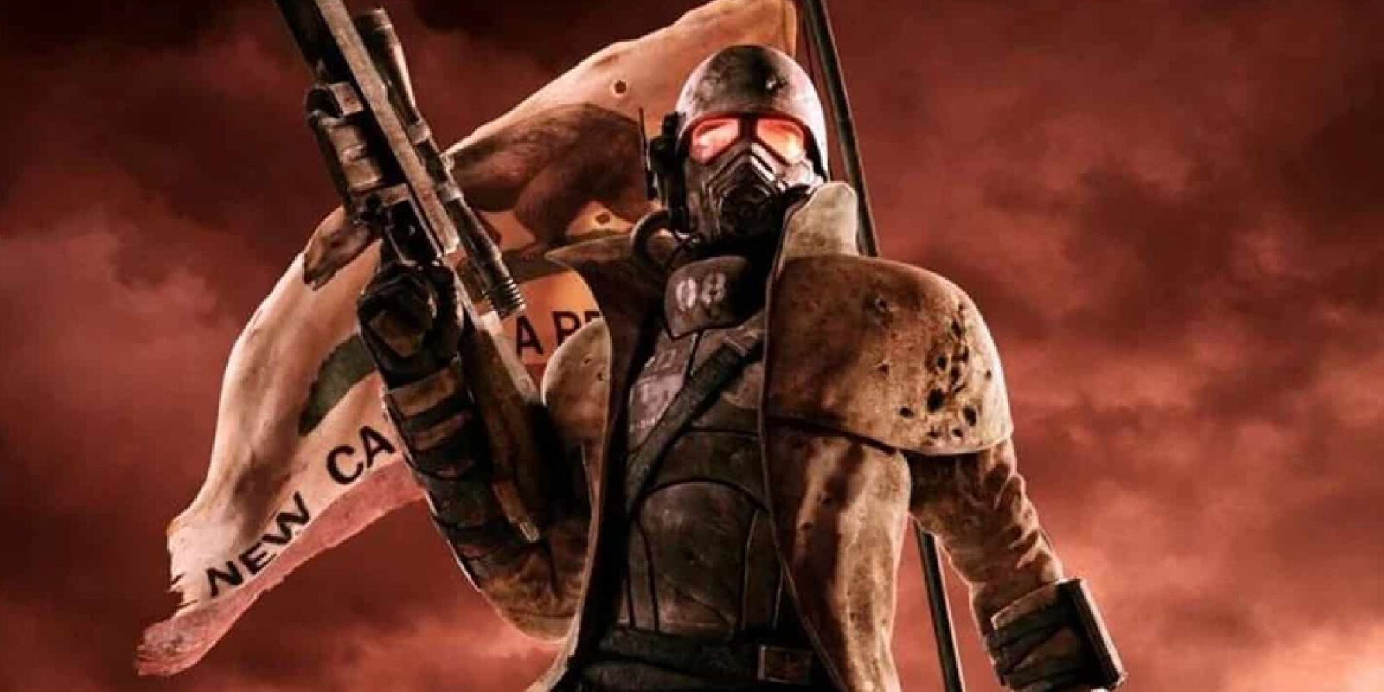 Fallout New Vegas a person in a gas mask holding up a gun in front of a flag and looking at the viewer