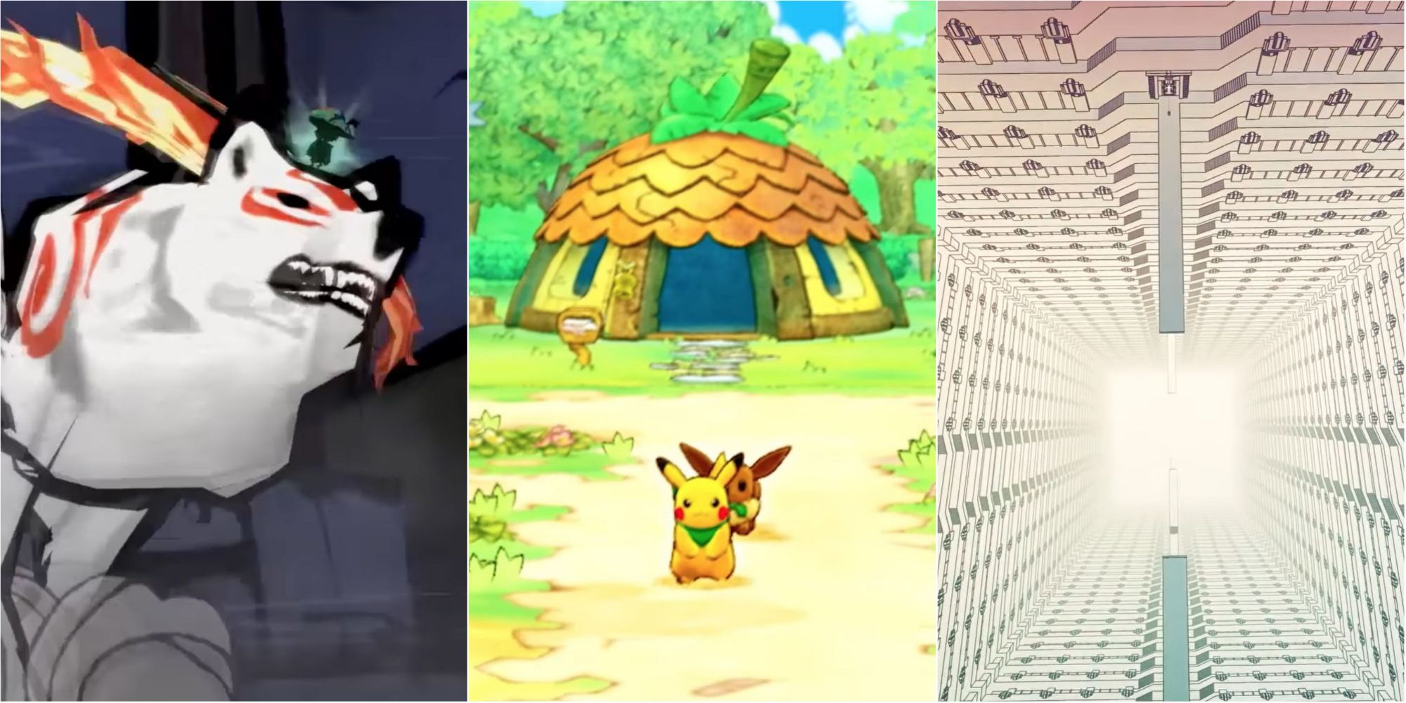 Split image screenshots of Okami, Pokemon Mystery Dungeon Rescue Team DX, and Manifold Garden.