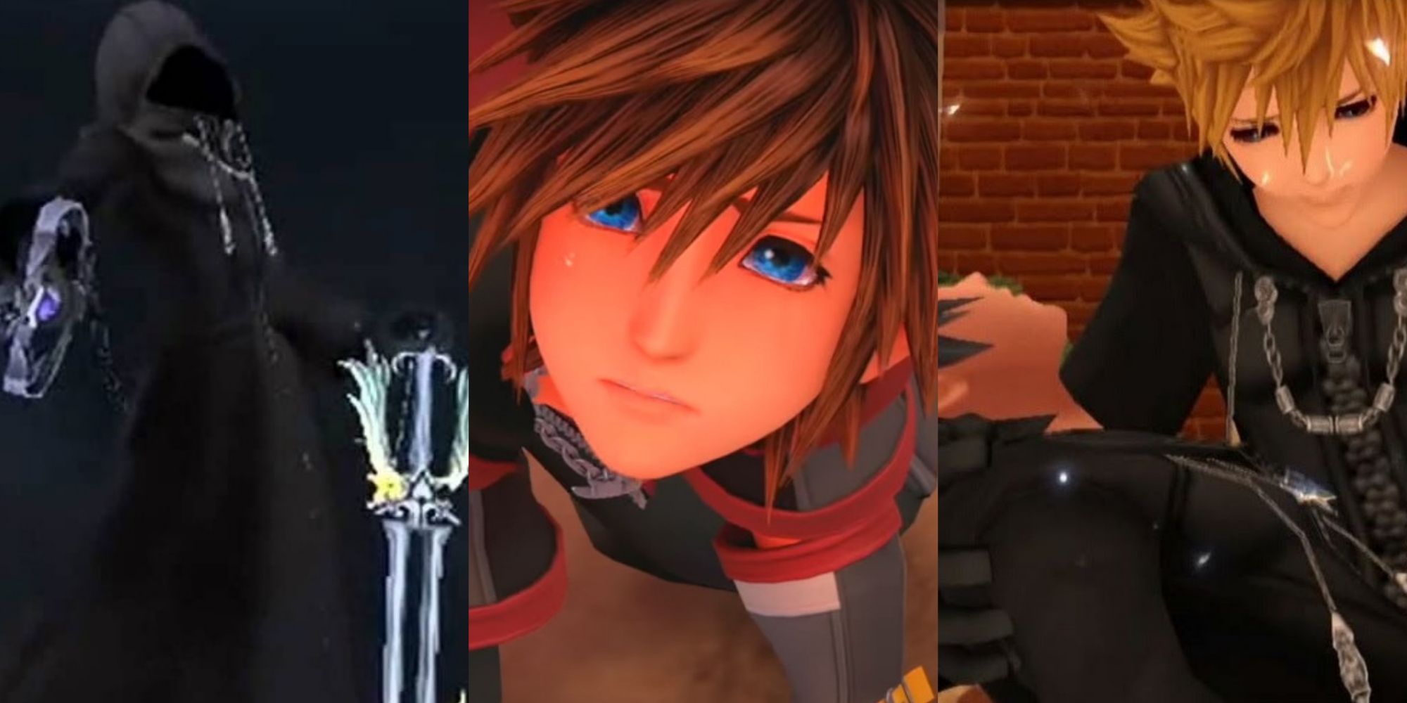 Split image screenshots of Roxas during his fight with Sora in Kingdom Hearts 2, Sora crying in Kingdom Hearts 3 and Roxas holding Xion in Kingdom Hearts 358/2 Days.
