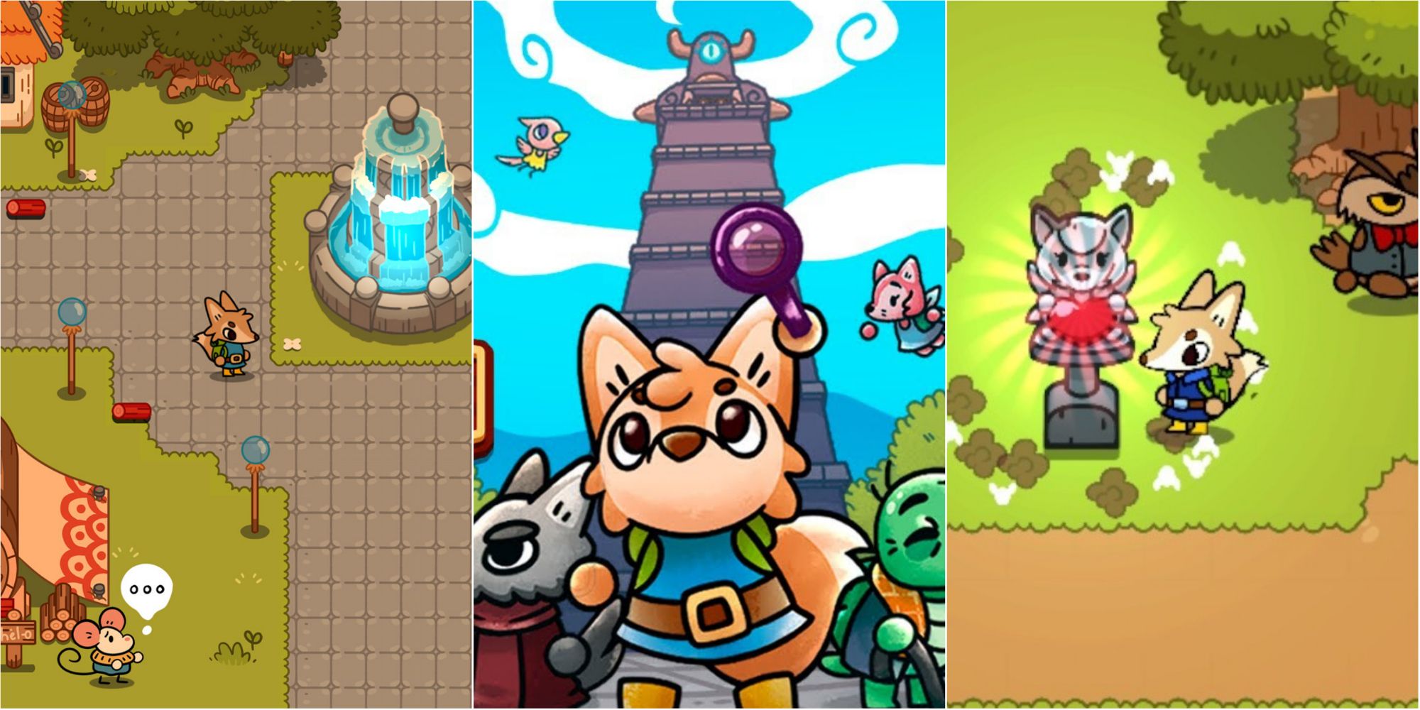 Split image screenshots of Lonesome town centre, official art of Lonesome Village, and Wes next to a Coronya statue.