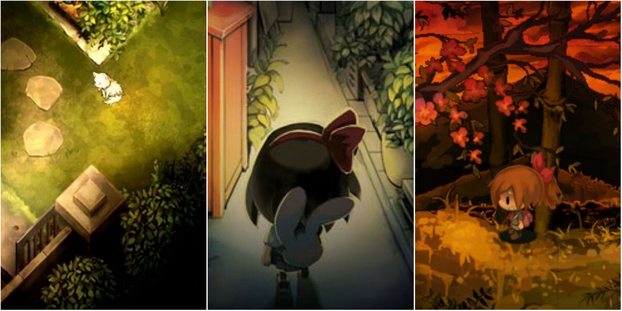 Split image screenshots of Mugi from Yomawari: Lost in the Dark, Protagonist from Yomawari: Night Alone and Yui from Yomawari: Midnight Shadows. 