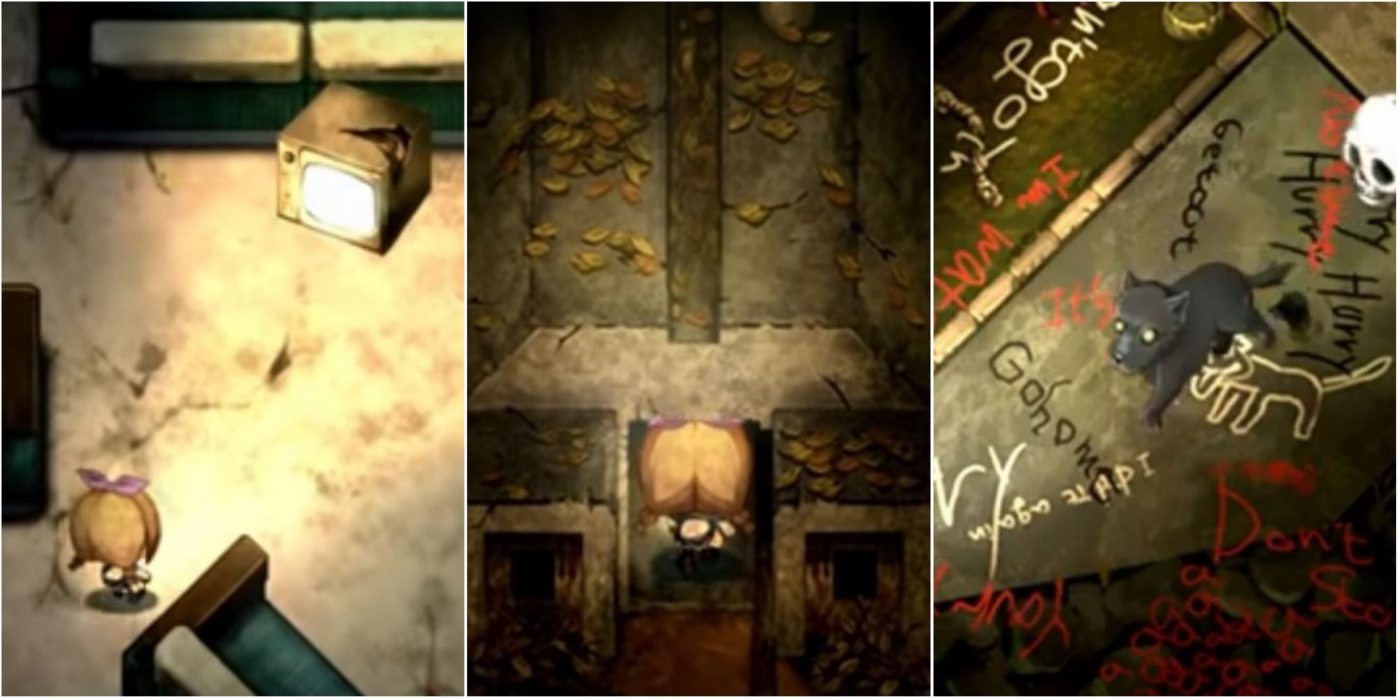 Split image screenshots of the TV in the abandoned ship, the incinerator, and the black dog in the dog graveyard in Yomawari: Lost in the Dark.