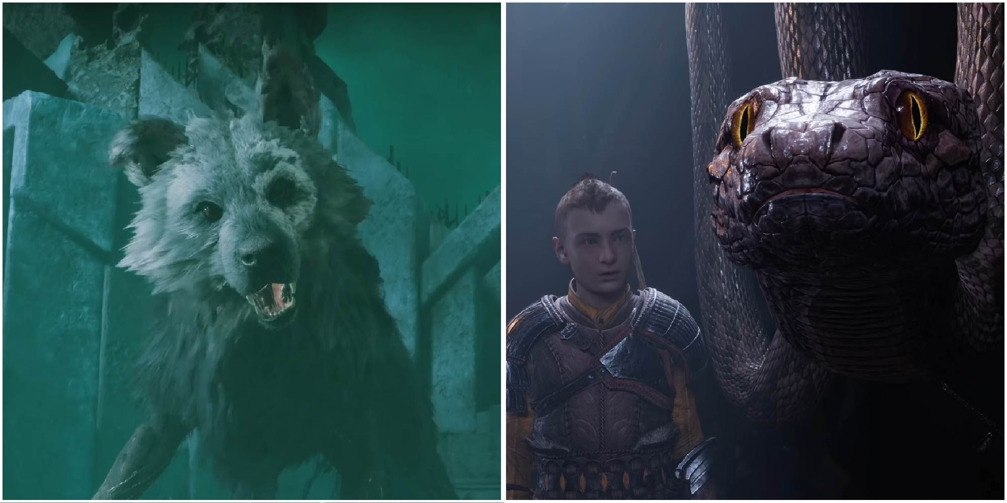 Fenrir and Jörmungandr along with Atreus, from God of War Ragnarok