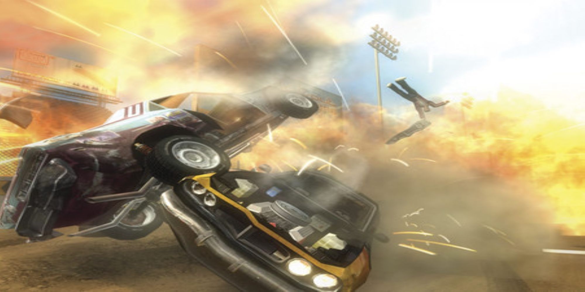 Two racecars collide, sending a driver flying, in Flatout 2.